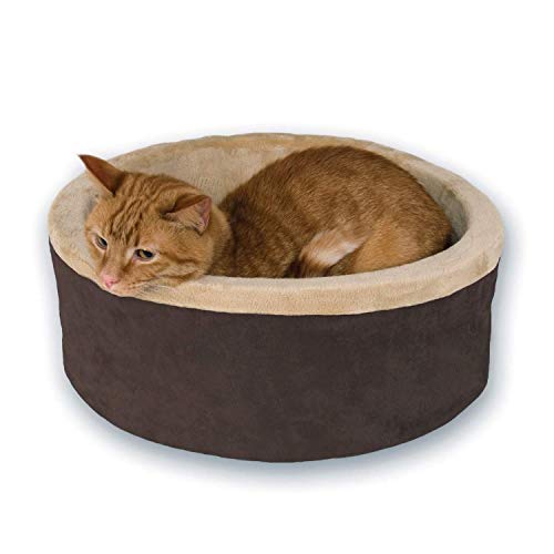 K&H Pet Products Thermo-Kitty Bed Heated Cat Bed for Indoor Cats , Electric Warming Bed for Cats and Small Dogs, Washable Thermal Plush Calming Round Pet Bed - Small 16" Mocha/Tan