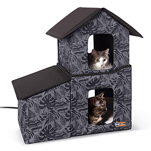 K&H Pet Products Two-Story Outdoor Kitty House with Dining Room Heated Gray Leaf 22 X 27 X 27 Inches