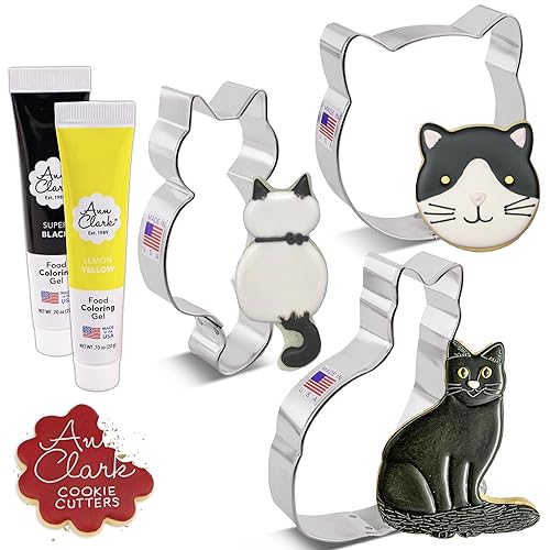 Kitty Cat Cookie Cutters and Decorating 5-Pc. Set Made in USA by Ann Clark, Cat Face, Cat with Tail, Cute Kitty Cat, Yellow & Super Black Food Coloring Gel