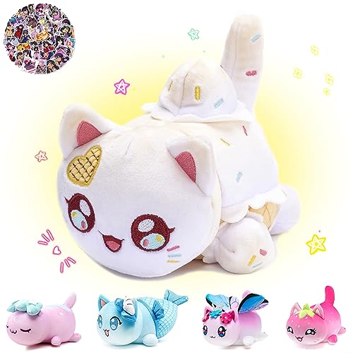 KOWSI® 61-PCS - 11-inches Ice Cream Cat Plush + 60-Sticker - Meemaows Cute Kawaii Cat Plush Collection - 100% Polyester Plushie Pillow Embroidered - Soft Stuffed Animal Collectible (Ice Cream Cat)