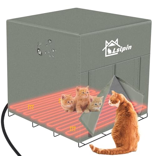 Large Heated Cat House for Outdoor Cats in Winter, Lslpin Weatherproof & Elevated Outdoor Feral Cat Shelter with Pet Heating Pad Bed, Outside Cat House for Stray Barn Cat 20"*16"*18"