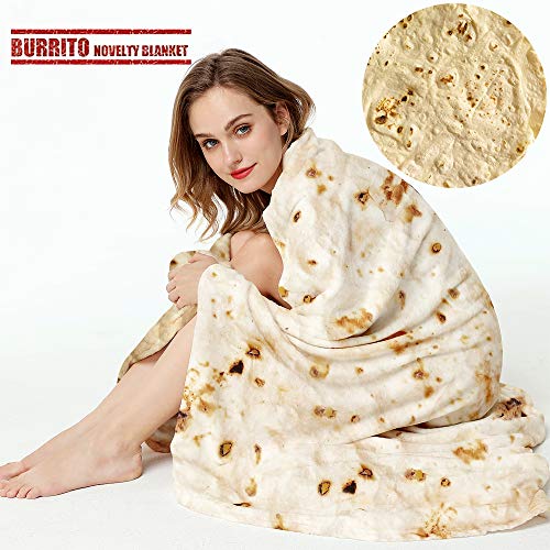 LetsFunny Burrito Tortilla Throw Blanket,2.0 Double Sided Burritos Taco Tortilla Wrap Blankets,Giant Funny Realistic Flannel Food Round Blankets, Funny Gifts for Adults Kids（47in）