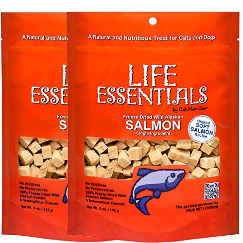 LIFE ESSENTIALS BY CAT-MAN-DOO All Natural Freeze Dried Wild Alaskan Salmon Treats for Cats & Dogs - Single Ingredient Grain Free Snack with No Additives or Preservatives, 5 Ounce Bag - 2 Pack