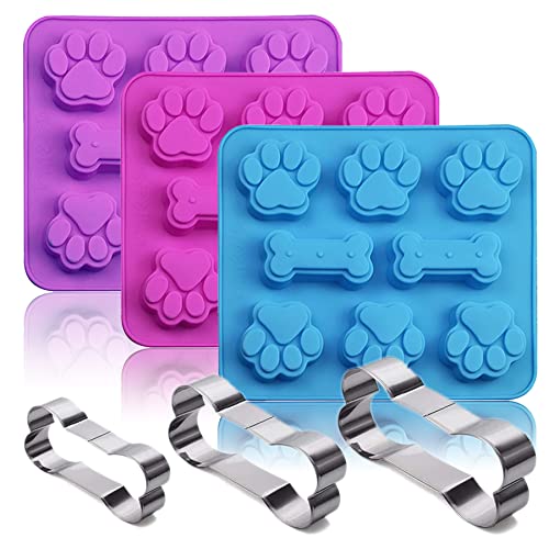 LIUDHPSP Set of 6, 3 Packs Silicone Molds Puppy Dog Paw & Bone Shaped 2 in 1 and Stainless Steel Cookie Cutter,for Homemade Treats Cat Animal Ice Candy Chocolate Baking Mold, Blue&Pink&Purple