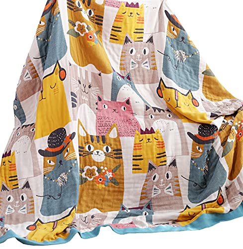 MEJU Kitty Cat Cute Reversible Kids Girls Bed Blanket, Jacquard Cotton Quilt Throw Blanket for Bed, Couch & Sofa, Lightweight Breathable Vintage Summer Bedding , FQ 78 in x 90 in