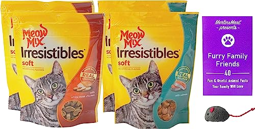 Meow Mix Irresistibles Soft Cat Treats 2 Flavor 4 Pouch Variety Pack (2 Each): Salmon, White Meat Chicken (3 Ounces) - Plus Catnip Toy and Fun Facts Booklet Bundle