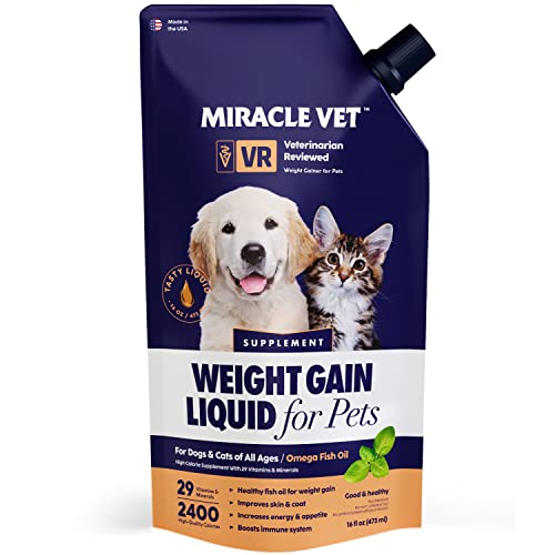 MIRACLE VET High-Calorie Weight Gainer & Multivitamin Nutritional Supplement for Dogs & Cats - Fish Oil, Calcium - Adult, Senior, Puppy - Prenatal Cat, Dog Vitamins, 2400 Calories - 16 oz