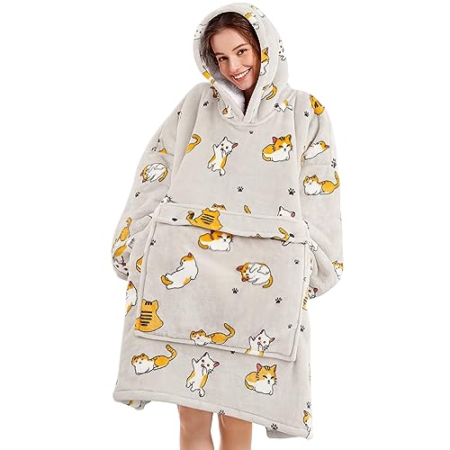 Narecte Oversized Blanket Hoodie Blanket for Women,Wearable Blanket Adult Giant Hoodie Cozy Sweatshirt Kawaii Stuff,Birthday Gifts for Women, for Sister,Teen Girl Gifts Cat