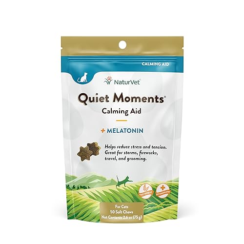 NaturVet Quiet Moments Calming Aid Cat Supplement Plus Melatonin – Helps Reduce Stress in Cats – for Pet Storm Anxiety, Motion Sickness, Grooming, Separation, Travel – 50 Ct. Soft Chews