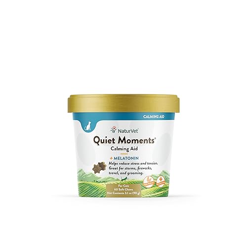 NaturVet –Quiet Moments Calming Aid for Cats Plus Melatonin – 60 Soft Chews – Helps Reduce Stress & Promote Relaxation – Great for Storms, Fireworks, Travel & Grooming