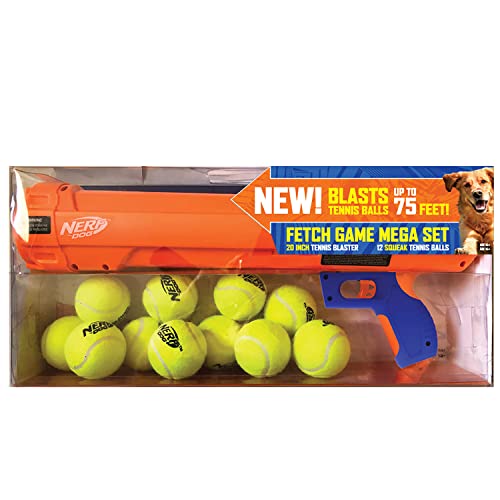 Nerf Dog Fetch Game Mega Set Dog Toy, Includes 20 Inch Tennis Ball Blaster and 12 Squeak Tennis Balls, Orange