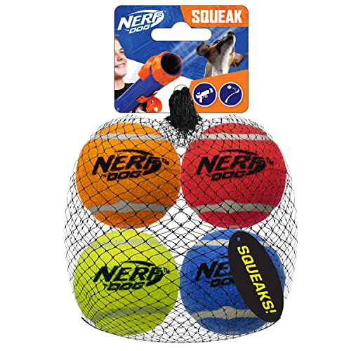 Nerf Dog Tennis Ball Dog Toys with Interactive Squeaker, Lightweight, Durable and Water Resistant, 2.5 Inches, for Small/Medium/Large Breeds, Four Pack, Mixed Colors