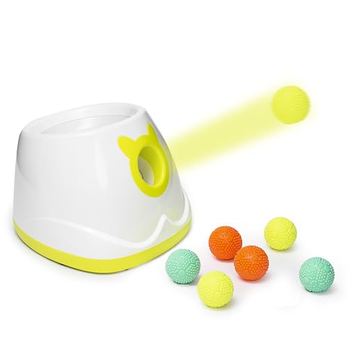 PALULU Automatic Ball Launcher, Dog Toy Ball Thrower, Adjustable Launch Distance, Including 6 2-inch Balls, Suitable for Small to Medium Sized Dogs (White Launcher with 6 Latex Balls)