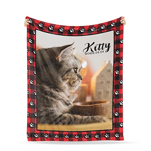 Personalized Cat Portrait Blanket Custom Blankets Gifts from Pet Cat with Photos & Name or Date Customized Picture Flannel Fleece Blanket Gifts for Pet Animal Women Men Cat Lovers Memorial Gift, 1 Pic