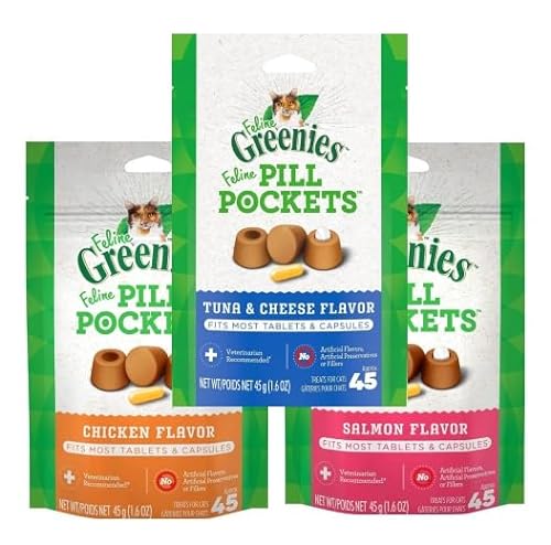 Pet Faves (3 Flavors) Feline Pill Pockets for Cats Natural Soft Cat Treats, Chicken, Salmon, and Tuna Flavor, 1.6 oz. Pack (45 Treats Each)