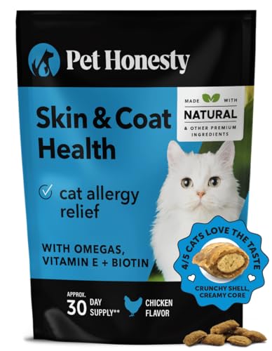 Pet Honesty Cat Skin & Coat Health Chews - Omegas, Vitamin C + E, Biotin Supplement, Soothes Skin and Promotes Shiny Coat, Cat Supplements & Vitamins - Chicken (30-Day Supply)