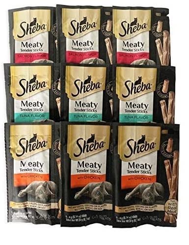 Petlewa (9 Pack) Sheba-MeatyTender Sticks veritable Pack 5 Packs of 3 Flavor (3 Salmon, 3 Chicken, 3 Tuna) 45 Sticks 5 Count (Pack of 9)