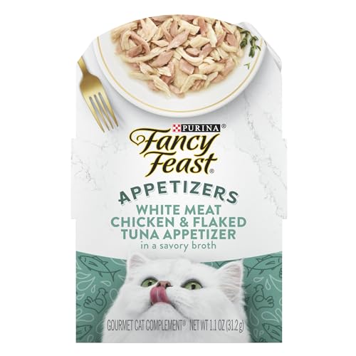 Purina Fancy Feast Appetizers Lickable Grain Free Wet Cat Food Topper White Meat Chicken and Flaked Tuna Appetizer - (Pack of 10) 1.1 oz. Trays