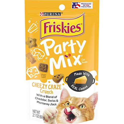 Purina Friskies Made in USA Facilities Cat Treats, Party Mix Cheezy Craze Crunch - (10) 2.1 oz. Pouches
