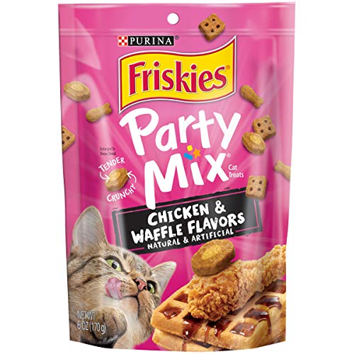 Purina Friskies Made in USA Facilities Cat Treats, Party Mix Chicken & Waffle Flavors - (6) 6 oz. Pouches