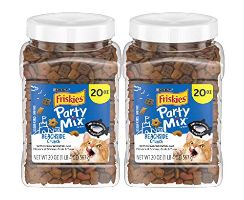 Purina Friskies Party Mix Cat Treats, Beachside Crunch, Made with Ocean Whitefish, Crunchy Cat Treats for Adult Cats, 20-Ounce Resealable Canister (Pack of 2)