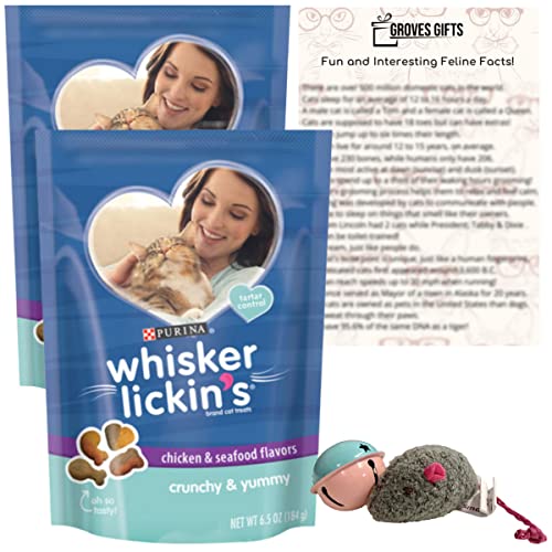 Purina Whisker Lickin's Crunchy Chicken & Seafood Flavor Cat Treats Bundle - Tartar Control - 2 Count (6.5 Oz Each) - Plus Mouse Cat Toy, Cat Ball Toy and Fun Feline Facts Sheet