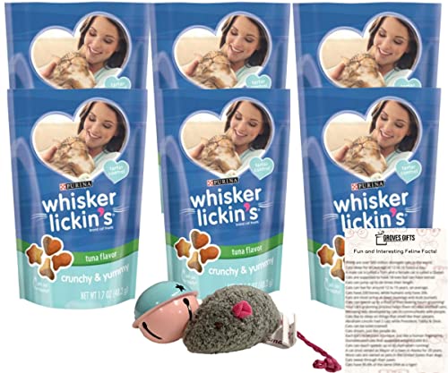 Purina Whisker Lickin's Crunchy Tuna Flavor Cat Treats Bundle- Tartar Control - 6 Count (1.7 Oz Each) - Plus Mouse Cat Toy, Cat Ball Toy and Fun Feline Facts Sheet