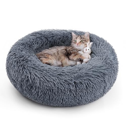 rabbitgoo Cat Beds for Indoor Cats, 20 inches Cat Bed Machine Washable, Fluffy Round Pet Bed Non-Slip, Calming Soft Plush Donut Cuddler Cushion Self Warming for Small Dogs Kittens, Dark Grey, Medium