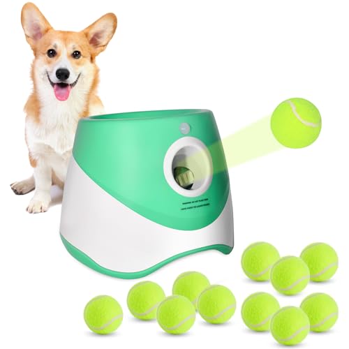 RERBIO Ball Launcher for Dogs, Automatic Dog Ball Launcher with 12 Tennis 2inch Ball, Interacive Dog Toys Pet Ball Indoor Outdoor Adjustable Distance Settings Thrower Machine Perfect for Small Dogs