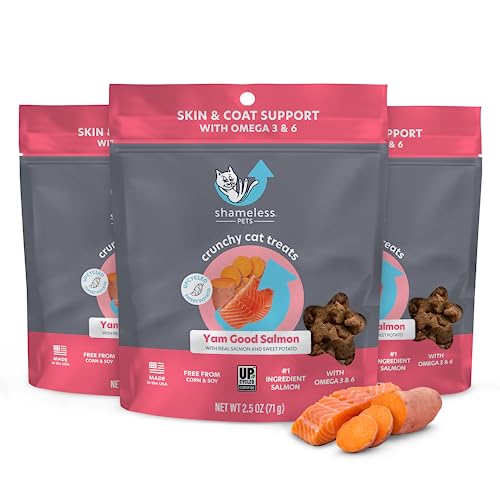 Shameless Pets Crunchy Cat Treats - Kitty Treats for Cats with Skin & Coat Support, Natural Ingredients Kitten Treats with Real Salmon, Healthy Flavored Feline Snacks - Yam Good Salmon, 3-Pk