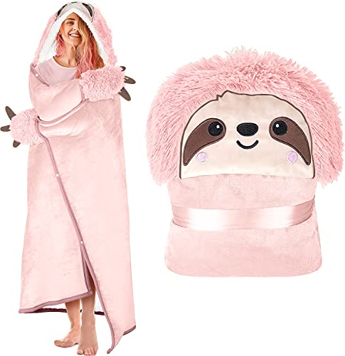 Sloth Wearable Hooded Blanket for Adults - Super Soft Warm Cozy Plush Flannel Fleece & Sherpa Hoodie Throw Cloak Wrap - Sloth Gifts for Women Adults and Kids