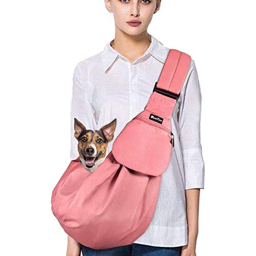 SlowTon Dog Carrier Sling, Thick Padded Adjustable Shoulder Strap Dog Carriers for Small Dogs, Puppy Carrier Purse for Pet Cat with Front Zipper Pocket Safety Belt Machine Washable (Pink M)