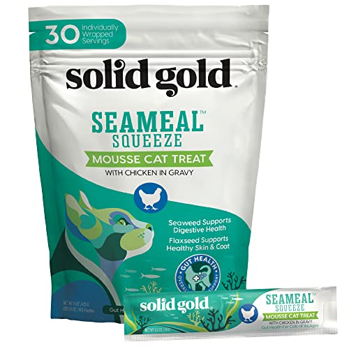 Solid Gold Lickable Cat Treats - Chicken SeaMeal Squeeze Squeezable Cat Treats for Indoor Cats 30 Pack - Made with Fiber-Rich Seaweed for Digestive Health & Immune Support - 3 oz / 30 Count