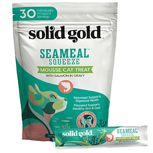 Solid Gold Lickable Cat Treats - Salmon SeaMeal Squeeze Squeezable Cat Treats for Indoor Cats 30 Pack - Made with Fiber-Rich Seaweed for Digestive Health for Immune Support - 3 oz / 30 Count