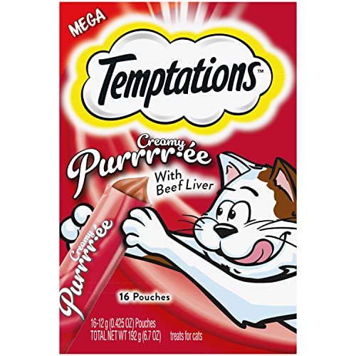 Temptations Creamy Puree with Beef Liver Lickable, Squeezable Cat Treats, 0.42 oz Pouches, 16 Count