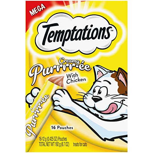 Temptations Creamy Puree with Chicken Lickable, Squeezable Cat Treats, 0.42 Oz Pouches, 16 Count