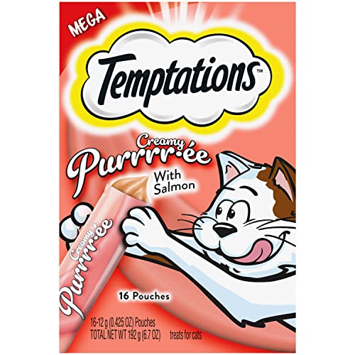 Temptations Creamy Puree with Salmon Lickable, Squeezable Cat Treats, 0.42 Oz Pouches, 16 Count