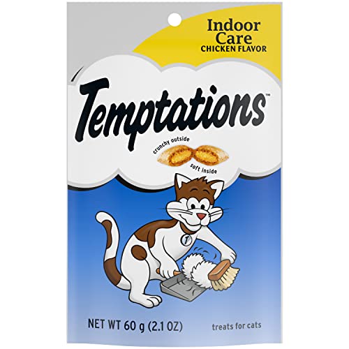 TEMPTATIONS Indoor Care Crunchy and Soft Cat Treats, Chicken Flavor, 2.1 oz. Pouch (Pack of 12)