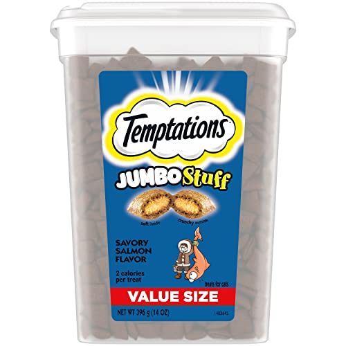 TEMPTATIONS Jumbo Stuff Crunchy and Soft Cat Treats, Savory Salmon Flavor, 14 oz. Tub