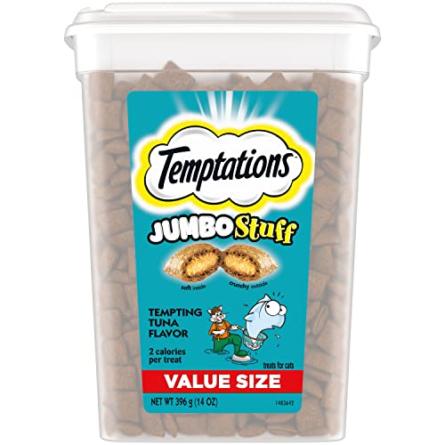 TEMPTATIONS Jumbo Stuff Crunchy and Soft Cat Treats, Tempting Tuna Flavor, 14 oz. Tub