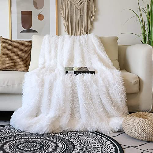 Tuddrom Decorative Extra Soft Faux Fur Blanket Twin Size 70" x 78",Solid Reversible Fuzzy Long Hair Shaggy Blanket,Fluffy Plush Fleece Comfy Microfiber Throw Blanket for Couch Sofa Bed,Pure White