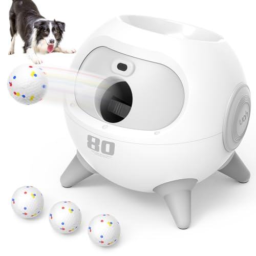 uahpet Automatic Obstacle Avoidance Dog Ball Launcher - Interactive Dog Ball Thrower with Adjustable Launching Range (20ft/40ft/60ft/80ft) - Suitable for Dogs of All Breed Sizes