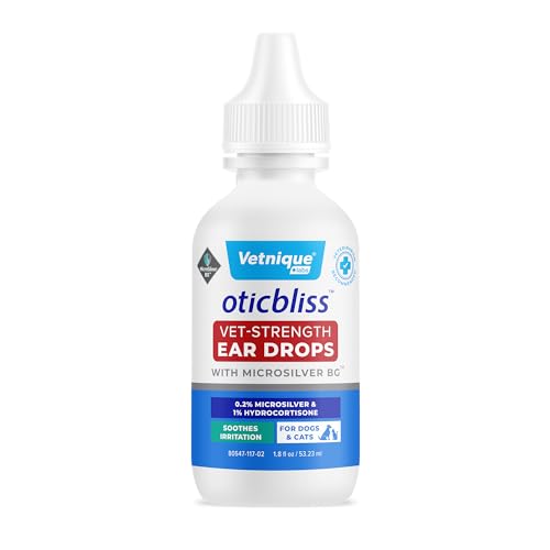 Vetnique Labs Oticbliss Vet-Strength Ear Drops for Dogs & Cats with MicroSilver BG & 1% Hydrocortisone Soothing Relief for Irritated Ears Dog Ear Cleaner, Alcohol-Free Ear Drops with Chitosan 1.8oz