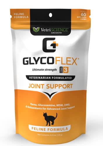 VetriScience GlycoFlex 3 Joint Support Cat Supplements - 60 Chews - Clinically-Proven Hip and Joint Health Supplement with MSM, DMG and Glucosamine for Cats​