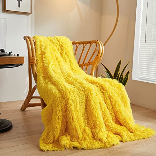 XeGe Luxury Faux Fur Throw Blanket, Yellow Soft 50x60 Fluffy Blanket Throw, Cozy Shaggy Plush Decorative Couch Blanket, Cute Furry Bed Throw Fuzzy Lap Blanket for Kids Women Men Teen Girls Yellow