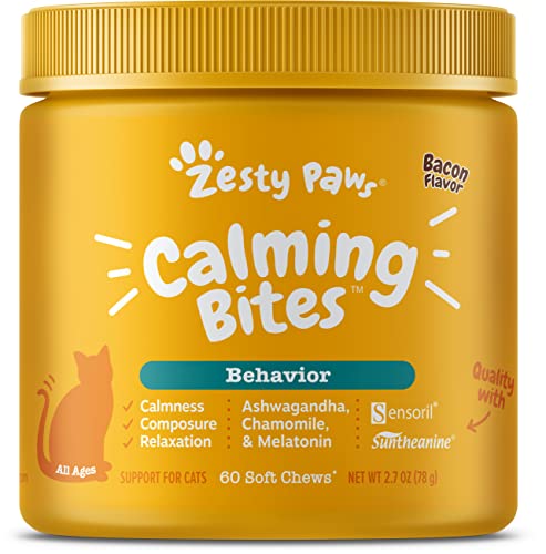 Zesty Paws Calming Chews for Cats - Composure & Relaxation for Everyday Stress & Separation - with Ashwagandha, Organic Chamomile, L-Theanine & L-Tryptophan – Bacon - 60 Count - Cat