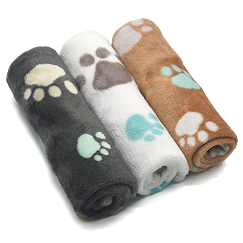 1 Pack 3 Puppy Blankets Super Soft Warm Sleep Mat Cute PAW Print Blanket Fleece Pet Blanket Flannel Throw Dog Blankets for Small Dogs Puppy Cats,Gray/White/Brown-Small(23"x15")