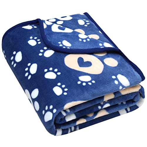 AHOOCUSTOM Dog Blanket, Soft Fleece Dog Blankets for Large Dogs, Fluffy Flannel Pet Cat Puppy Blanket Mat Cover for Bed Couch, Cute Paw Print Throw Blanket for Dogs, Blue 50"X40"