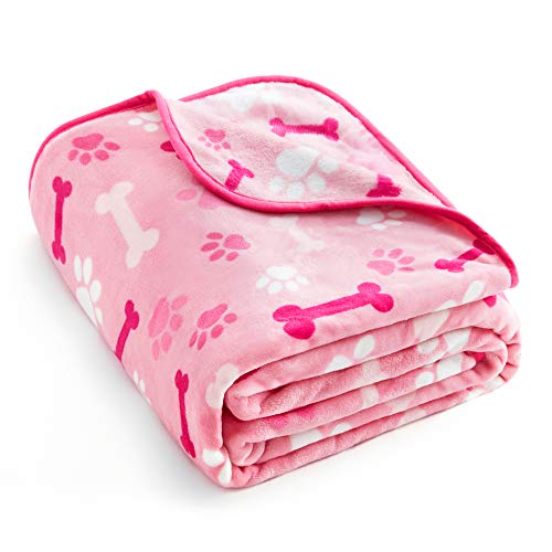 Allisandro Luxurious Dog Blanket, 350 GSM Super Fuzzy Microplush Fleece Pet Blankets for Small Medium Large Dogs and Cats, Pink Paw and Bone, 32" x 24"