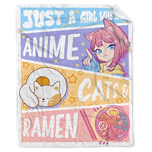 Anime Blanket Gifts for Girls Kawaii Anime Decor for Women Just A Girl Who Loves Anime Cats and Ramen Flannel Blanket Anime Lover Stuff, Luxurious Warm and Cozy for S 40X50 Inch for Kids/Child